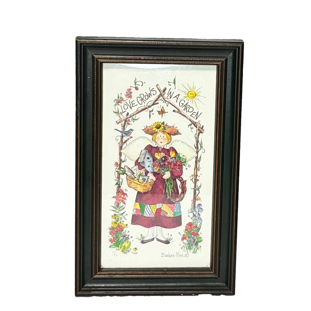 Barbara Mock 'Love Grows In A Garden' Framed Print Gardening Angel 1990s 10x6